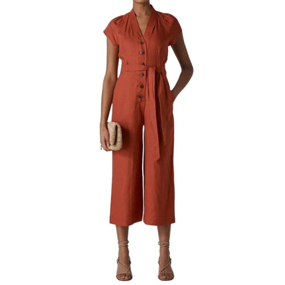 Whistles Rust Sana Linen Cropped Wide Leg Casual Lightweight Jumpsuit Women sz8